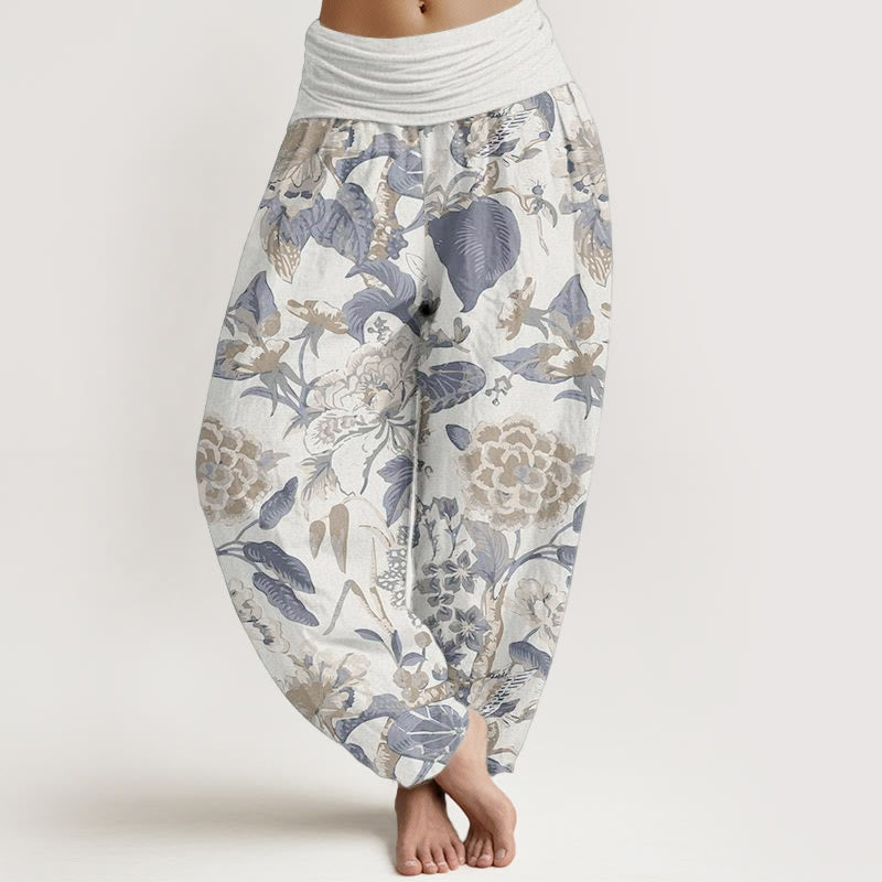 Pantaloni harem da donna con elastico in vita, in puro cotone, con motivo a foglie di loto e peonie, motivo Buddha Stones - Avorio - US22, UK/AU26, EU54 (6XL) - image 0