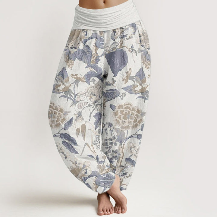 Pantaloni harem da donna con elastico in vita, in puro cotone, con motivo a foglie di loto e peonie, motivo Buddha Stones - Avorio - US22, UK/AU26, EU54 (6XL) - image 0