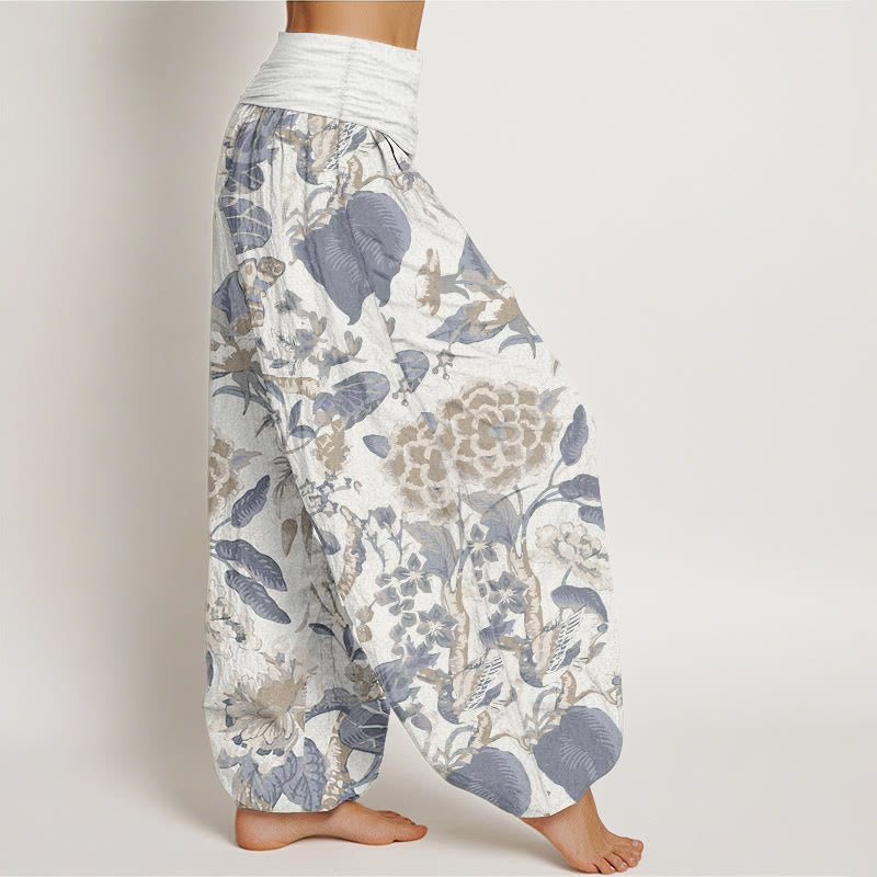 Pantaloni harem da donna con elastico in vita, in puro cotone, con motivo a foglie di loto e peonie, motivo Buddha Stones - image 2