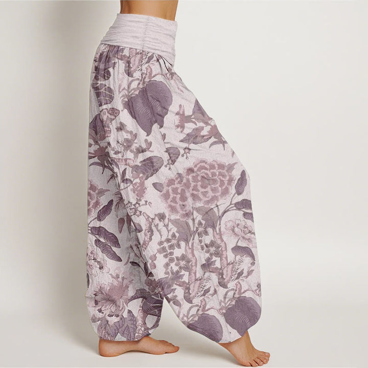 Pantaloni harem da donna con elastico in vita, in puro cotone, con motivo a foglie di loto e peonie, motivo Buddha Stones - image 6