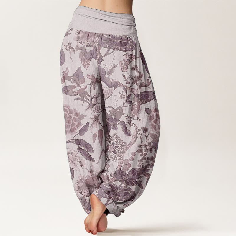 Pantaloni harem da donna con elastico in vita, in puro cotone, con motivo a foglie di loto e peonie, motivo Buddha Stones - image 7