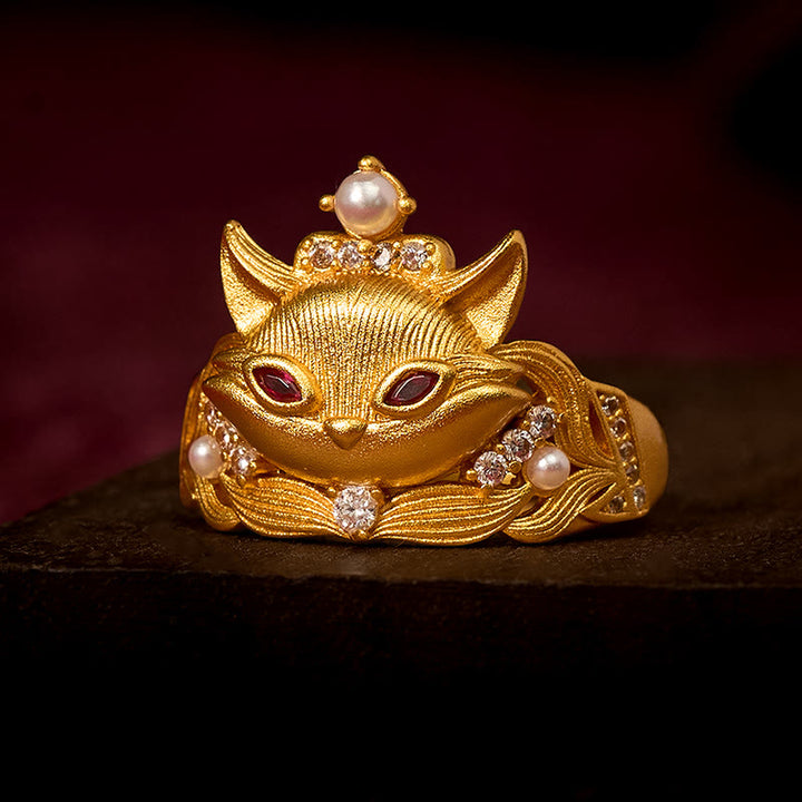 Anello regolabile in ottone placcato oro 24k con testa di volpe Buddha Stones - Regolabile - image 0