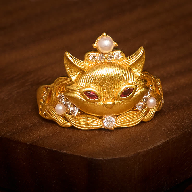 Anello regolabile in ottone placcato oro 24k con testa di volpe Buddha Stones - image 1