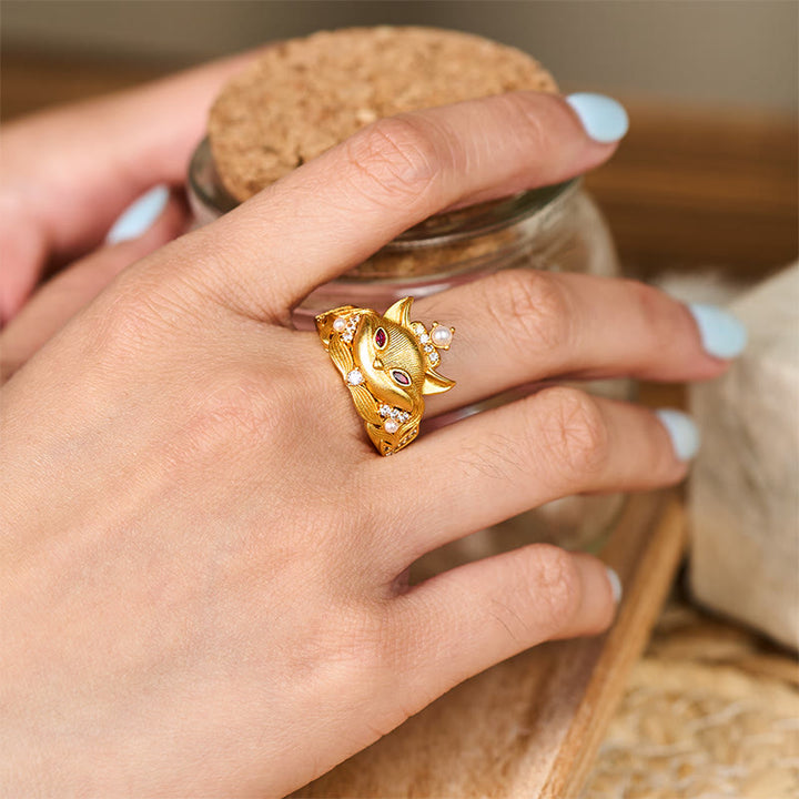 Anello regolabile in ottone placcato oro 24k con testa di volpe Buddha Stones - image 5
