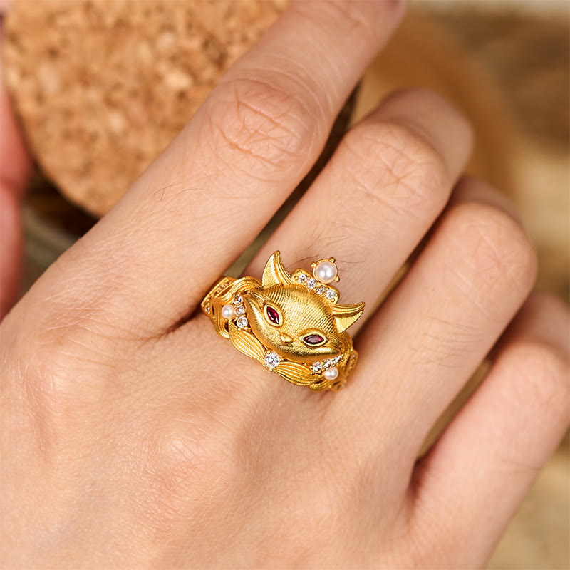 Anello regolabile in ottone placcato oro 24k con testa di volpe Buddha Stones - image 4