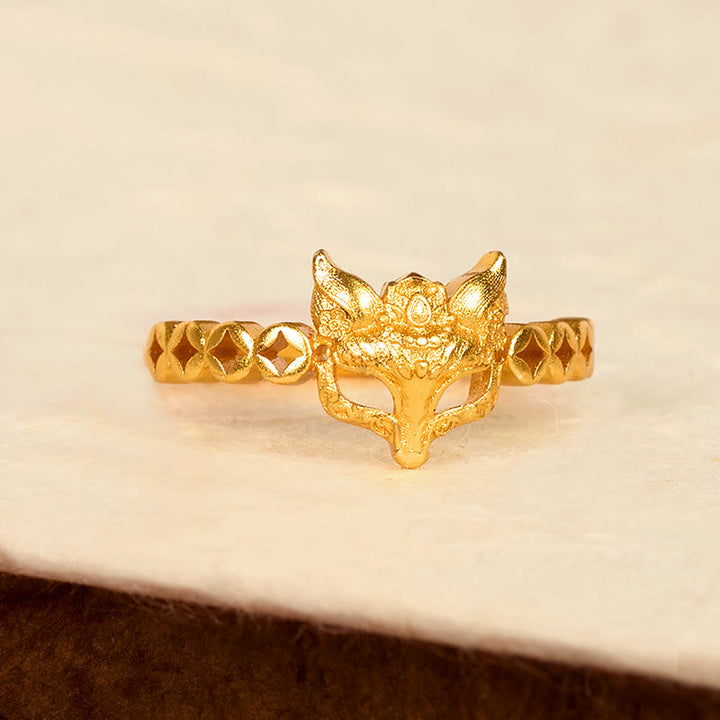 Anello regolabile con design cavo a forma di moneta di volpe in ottone placcato oro 24k Buddha Stones - image 2