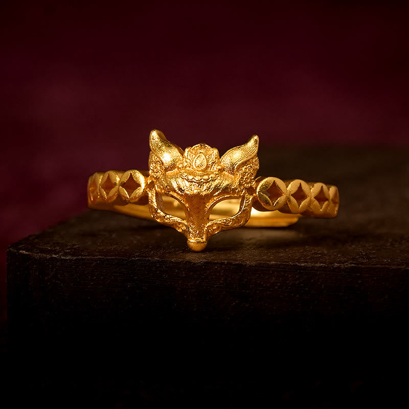 Anello regolabile con design cavo a forma di moneta di volpe in ottone placcato oro 24k Buddha Stones - Regolabile - image 0