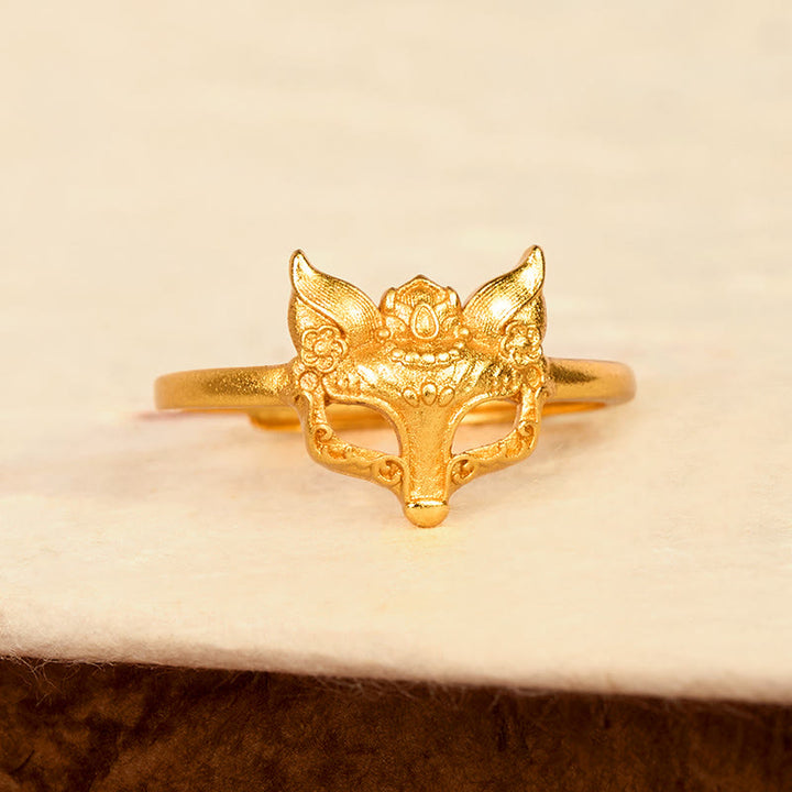 Anello in ottone placcato oro 24k con maschera di volpe e Buddha Stones - image 2