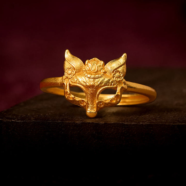 Anello in ottone placcato oro 24k con maschera di volpe e Buddha Stones - Regolabile - image 0