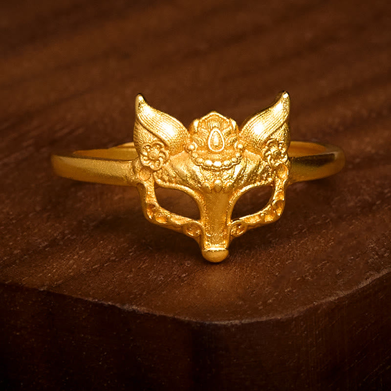Anello in ottone placcato oro 24k con maschera di volpe e Buddha Stones - image 1