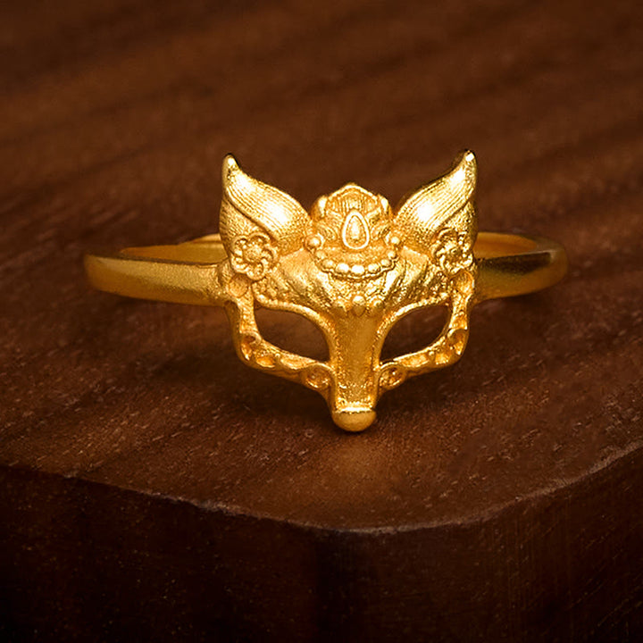 Anello in ottone placcato oro 24k con maschera di volpe e Buddha Stones - image 1