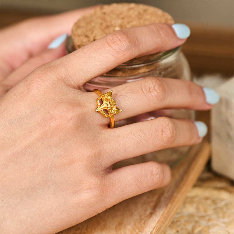 Anello in ottone placcato oro 24k con maschera di volpe e Buddha Stones - image 5