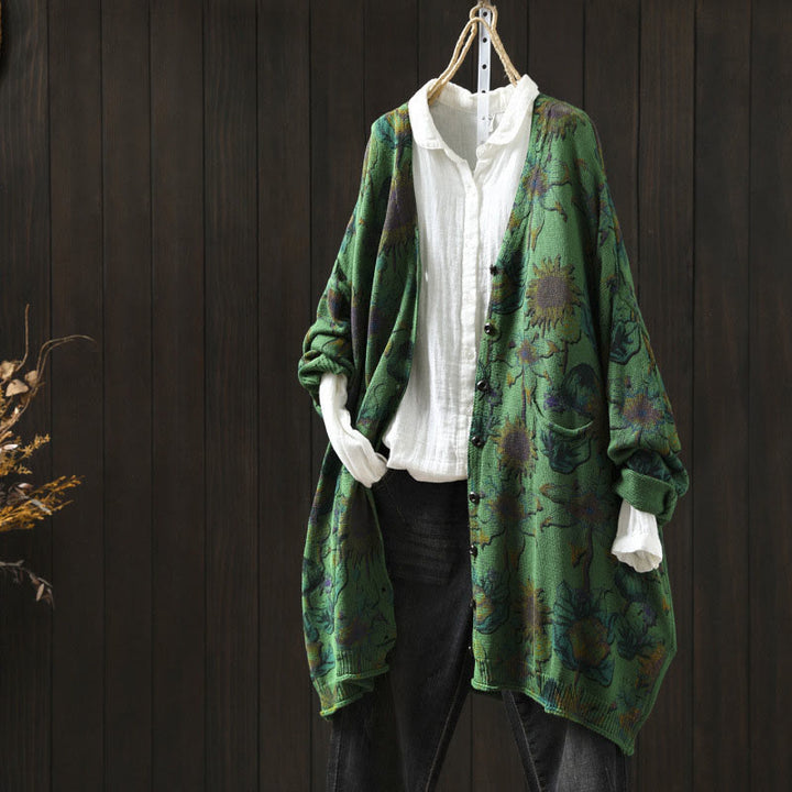 Cardigan lavorato a maglia a maniche lunghe con bottoni di media lunghezza, motivo girasole, da donna, con tasche Buddha Stones - Verdemare medio - US4-8/10， UK/AU8-12/14，EU36-40/42 (F) - image 0