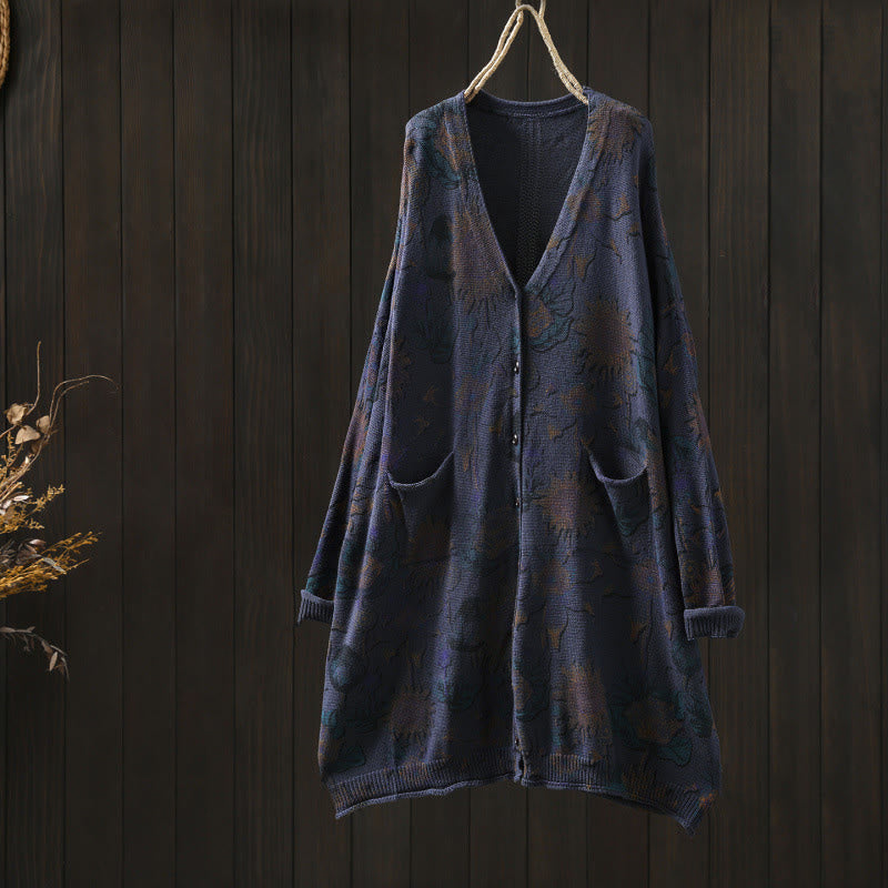 Cardigan lavorato a maglia a maniche lunghe con bottoni di media lunghezza, motivo girasole, da donna, con tasche Buddha Stones - Blu notte - US4-8/10， UK/AU8-12/14，EU36-40/42 (F) - image 23