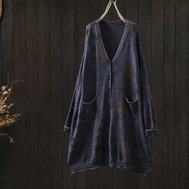 Cardigan lavorato a maglia a maniche lunghe con bottoni di media lunghezza, motivo girasole, da donna, con tasche Buddha Stones - Blu notte - US4-8/10， UK/AU8-12/14，EU36-40/42 (F) - image 23