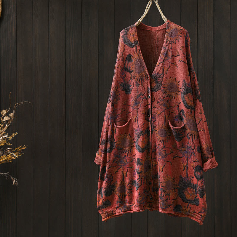 Cardigan lavorato a maglia a maniche lunghe con bottoni di media lunghezza, motivo girasole, da donna, con tasche Buddha Stones - Rosso - US4-8/10， UK/AU8-12/14，EU36-40/42 (F) - image 12