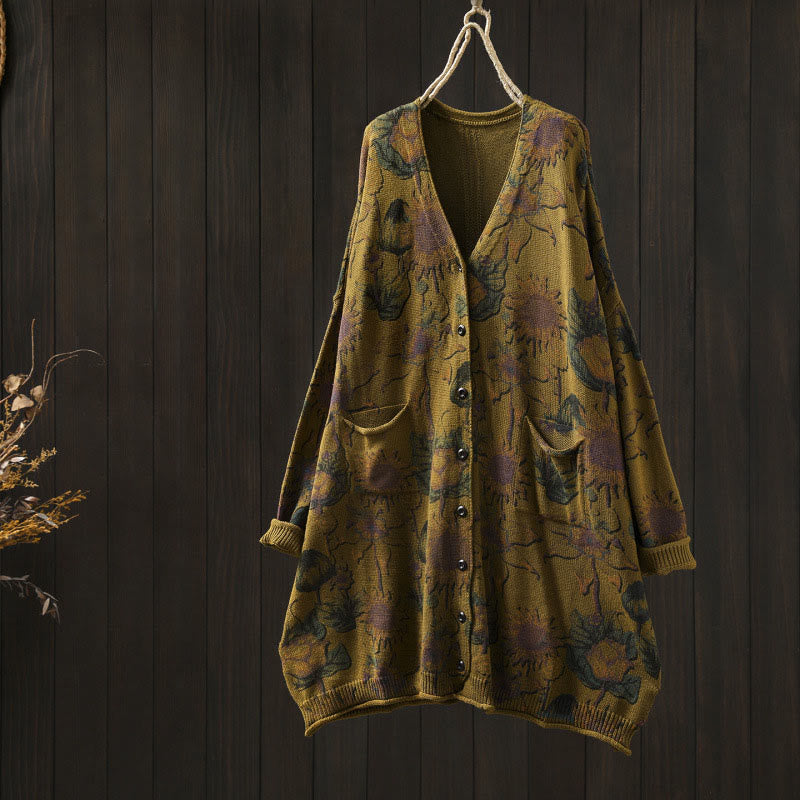 Cardigan lavorato a maglia a maniche lunghe con bottoni di media lunghezza, motivo girasole, da donna, con tasche Buddha Stones - DarkGoldenrod - US4-8/10， UK/AU8-12/14，EU36-40/42 (F) - image 15