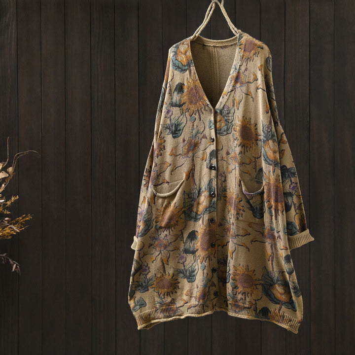 Cardigan lavorato a maglia a maniche lunghe con bottoni di media lunghezza, motivo girasole, da donna, con tasche Buddha Stones - PaleGoldenrod - US4-8/10， UK/AU8-12/14，EU36-40/42 (F) - image 19