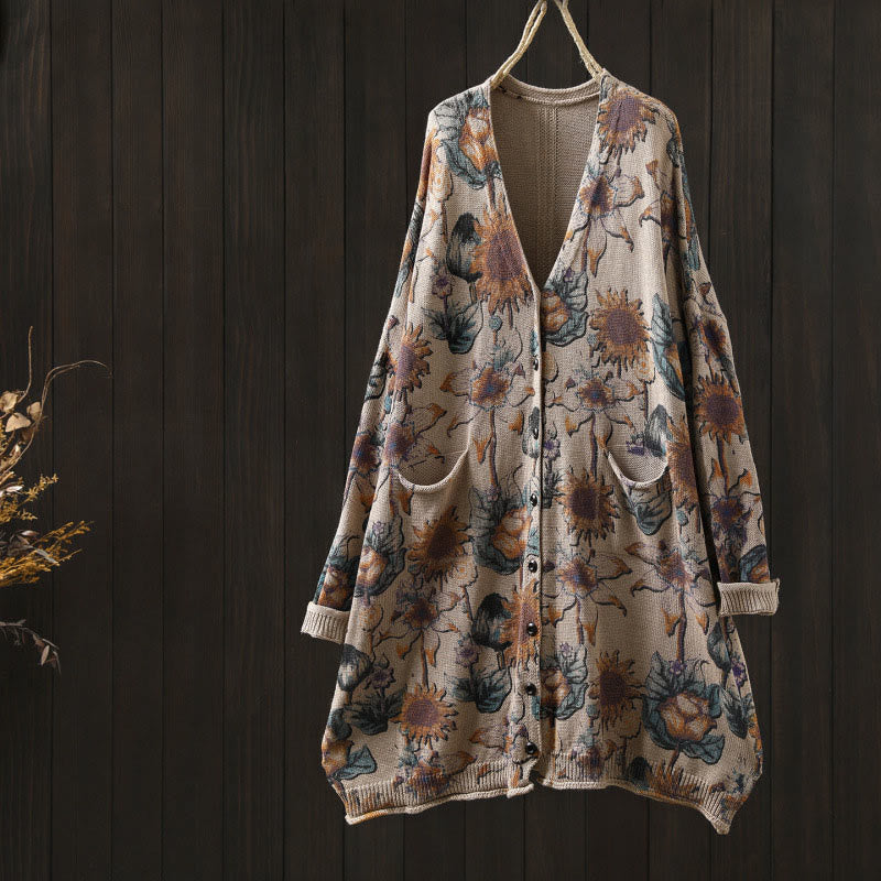 Cardigan lavorato a maglia a maniche lunghe con bottoni di media lunghezza, motivo girasole, da donna, con tasche Buddha Stones - Beige - US4-8/10， UK/AU8-12/14，EU36-40/42 (F) - image 17