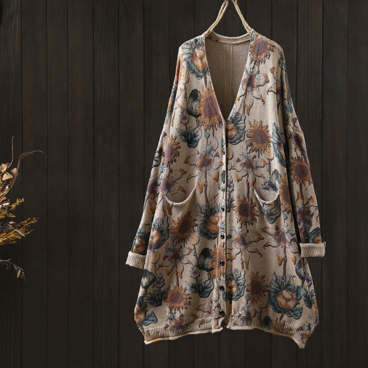 Cardigan lavorato a maglia a maniche lunghe con bottoni di media lunghezza, motivo girasole, da donna, con tasche Buddha Stones - Beige - US4-8/10， UK/AU8-12/14，EU36-40/42 (F) - image 17