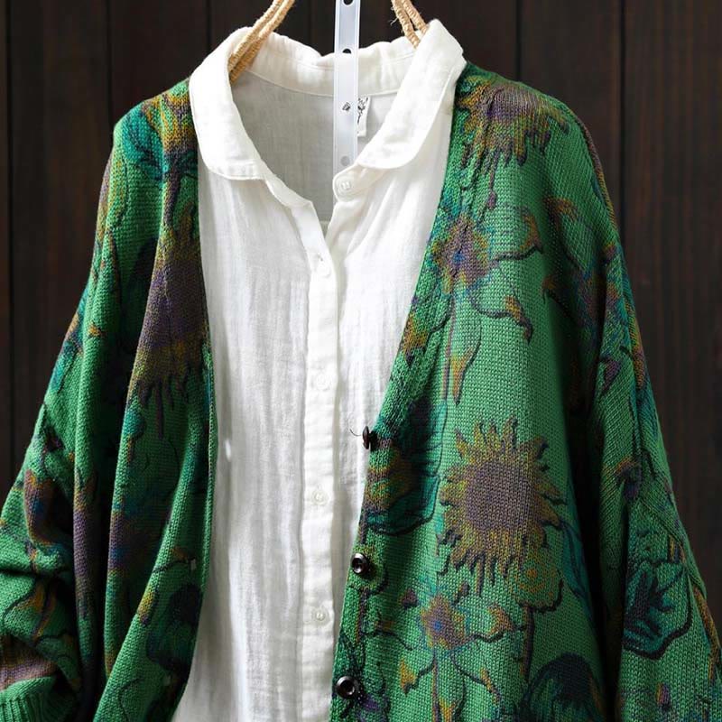 Cardigan lavorato a maglia a maniche lunghe con bottoni di media lunghezza, motivo girasole, da donna, con tasche Buddha Stones - image 3