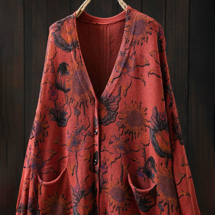 Cardigan lavorato a maglia a maniche lunghe con bottoni di media lunghezza, motivo girasole, da donna, con tasche Buddha Stones - image 13