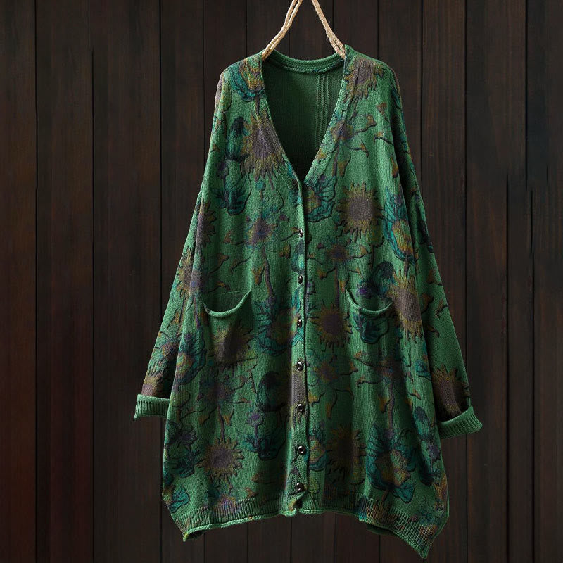 Cardigan lavorato a maglia a maniche lunghe con bottoni di media lunghezza, motivo girasole, da donna, con tasche Buddha Stones - image 1