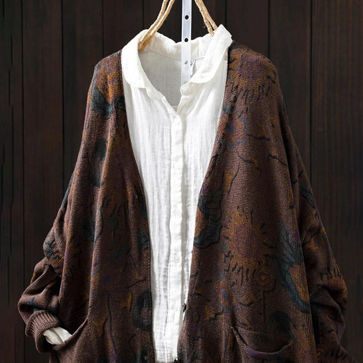 Cardigan lavorato a maglia a maniche lunghe con bottoni di media lunghezza, motivo girasole, da donna, con tasche Buddha Stones - image 22