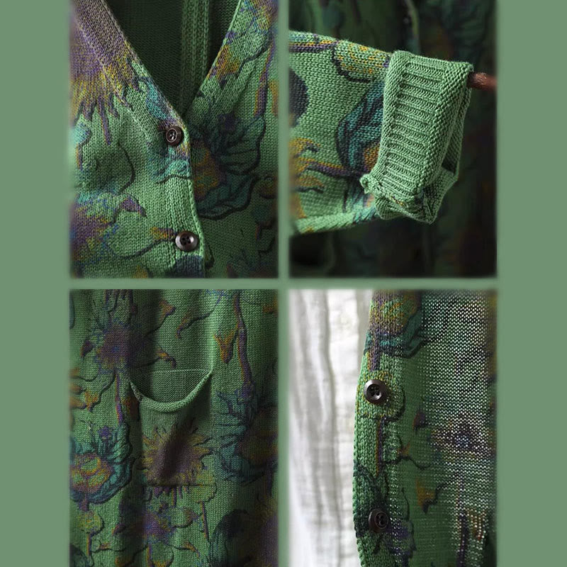 Cardigan lavorato a maglia a maniche lunghe con bottoni di media lunghezza, motivo girasole, da donna, con tasche Buddha Stones - image 11