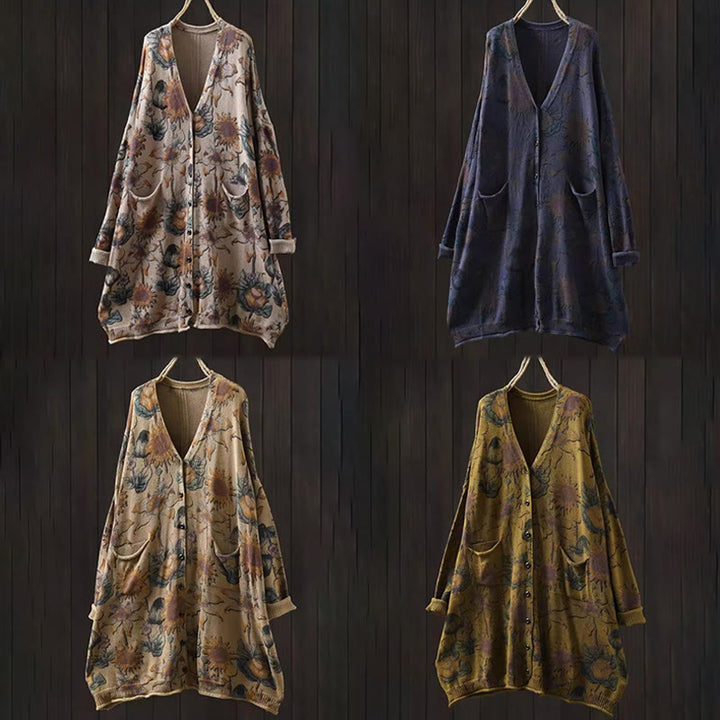 Cardigan lavorato a maglia a maniche lunghe con bottoni di media lunghezza, motivo girasole, da donna, con tasche Buddha Stones - image 25