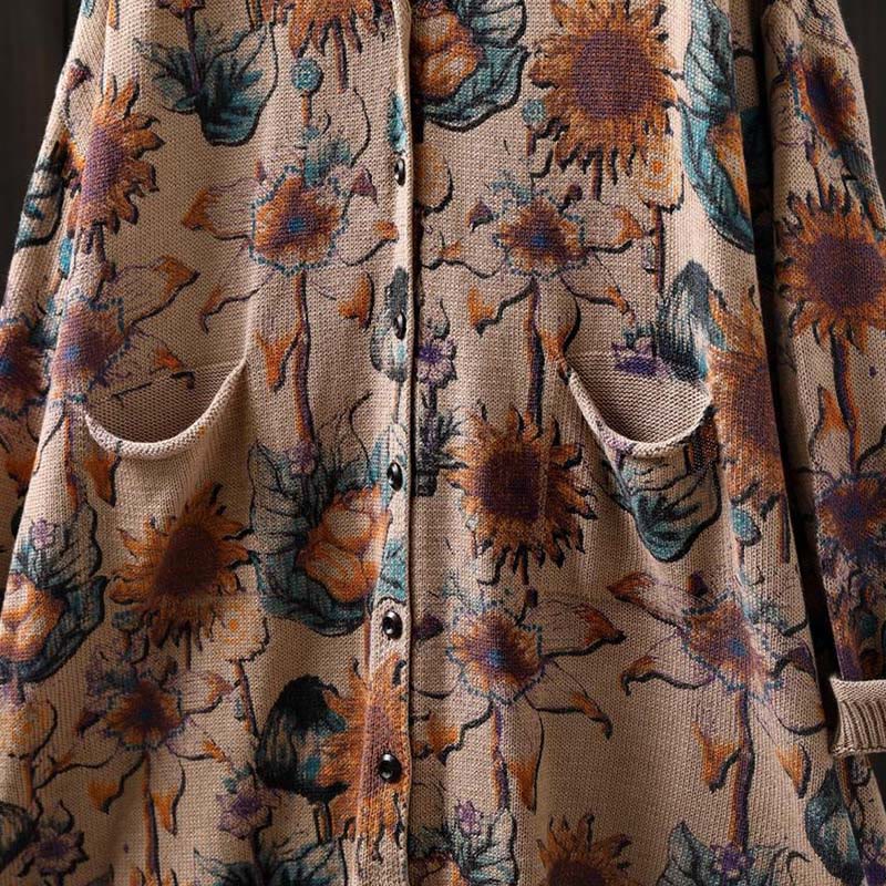 Cardigan lavorato a maglia a maniche lunghe con bottoni di media lunghezza, motivo girasole, da donna, con tasche Buddha Stones - image 18