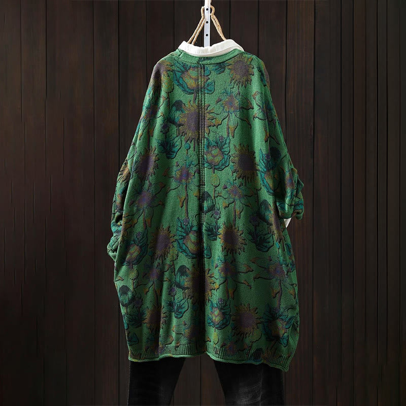 Cardigan lavorato a maglia a maniche lunghe con bottoni di media lunghezza, motivo girasole, da donna, con tasche Buddha Stones - image 2