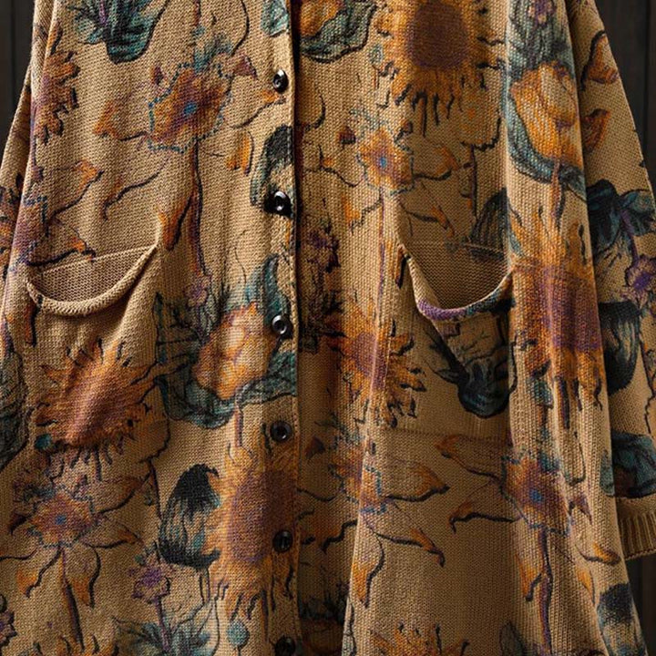 Cardigan lavorato a maglia a maniche lunghe con bottoni di media lunghezza, motivo girasole, da donna, con tasche Buddha Stones - image 20