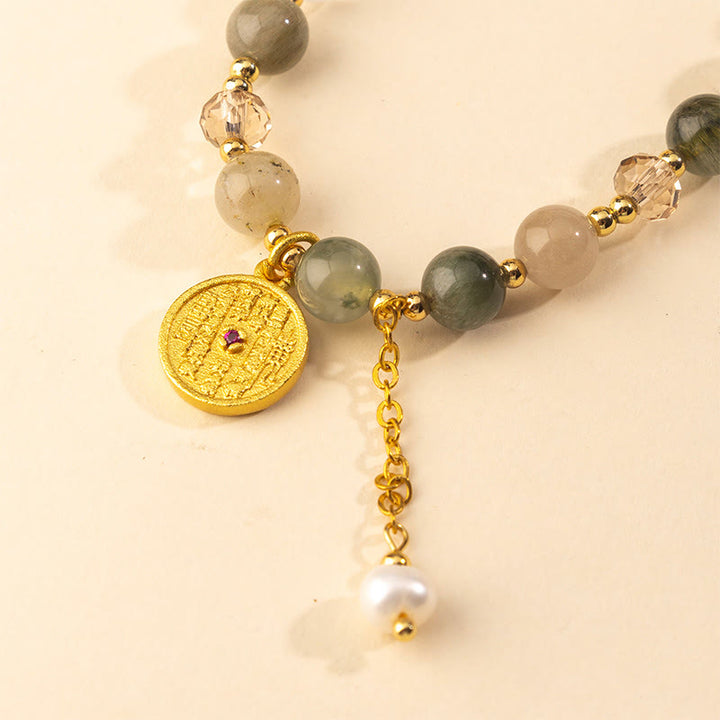 Braccialetto a doppio giro Buddha Stones, quarzo rutilato colorato e rame, simbolo di buon auspicio - image 3