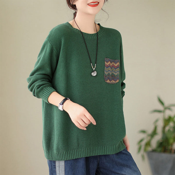 Maglione da donna a maniche lunghe in cotone lavorato a maglia con motivo floreale decorativo autunnale Buddha Stones - Verde mare - US4, UK/AU8, EU36-38 (F) - image 0