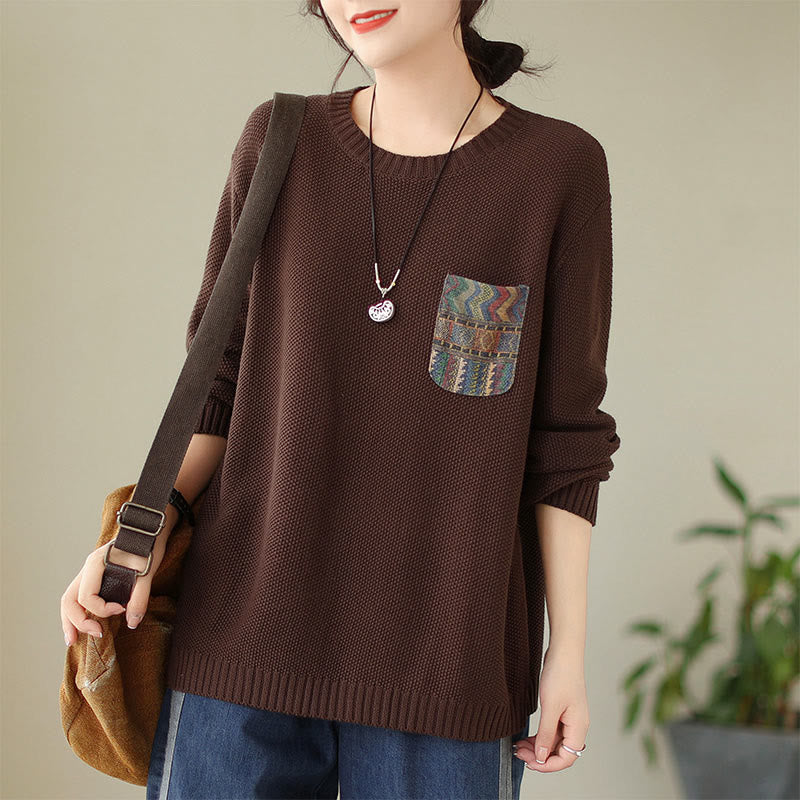 Maglione da donna a maniche lunghe in cotone lavorato a maglia con motivo floreale decorativo autunnale Buddha Stones - Marrone sella - US4， UK/AU8，EU36-38 (F) - image 6