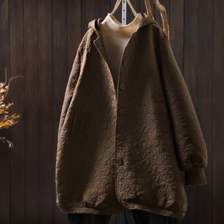 Giacca da donna in cotone jacquard di media lunghezza con bottoni autunnali, maniche lunghe e tasche , Buddha Stones - DarkGoldenrod - US12, UK/AU16, EU44 (XL) - image 15