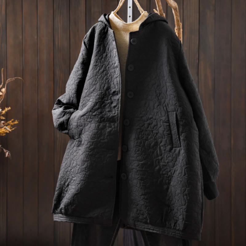 Giacca da donna in cotone jacquard di media lunghezza con bottoni autunnali, maniche lunghe e tasche , Buddha Stones - Nero - US12, UK/AU16, EU44 (XL) - image 17