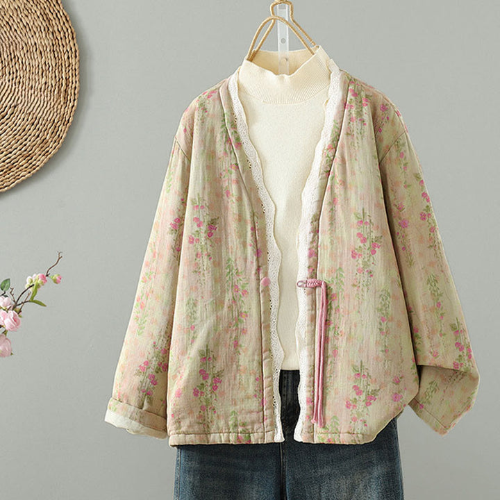 Giacca termica da donna in cotone a maniche lunghe con patchwork di pizzo invernale Buddha Stones e tasche - image 2