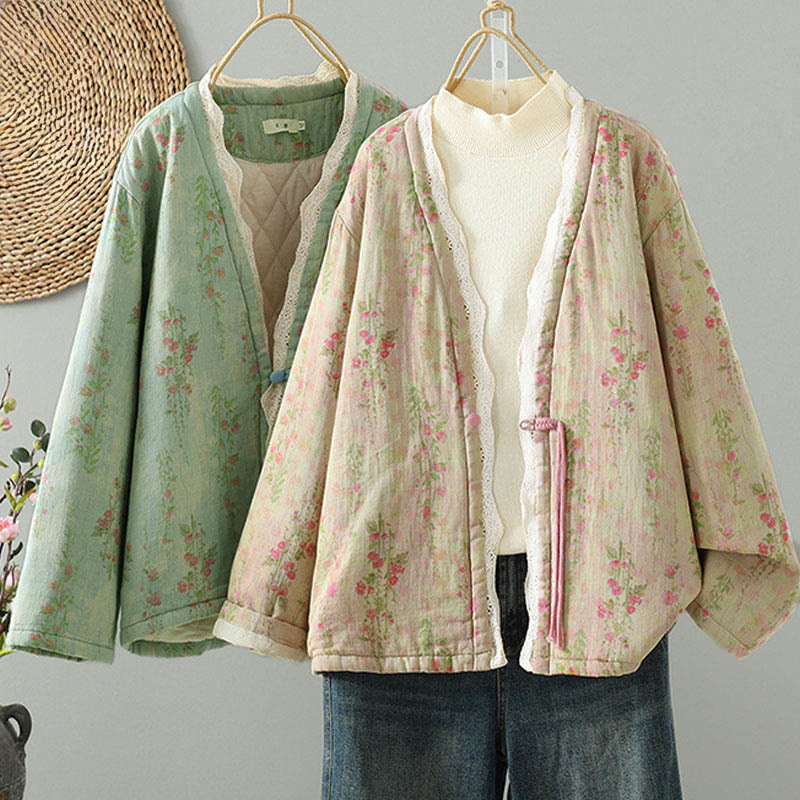 Giacca termica da donna in cotone a maniche lunghe con patchwork di pizzo invernale Buddha Stones e tasche - image 0