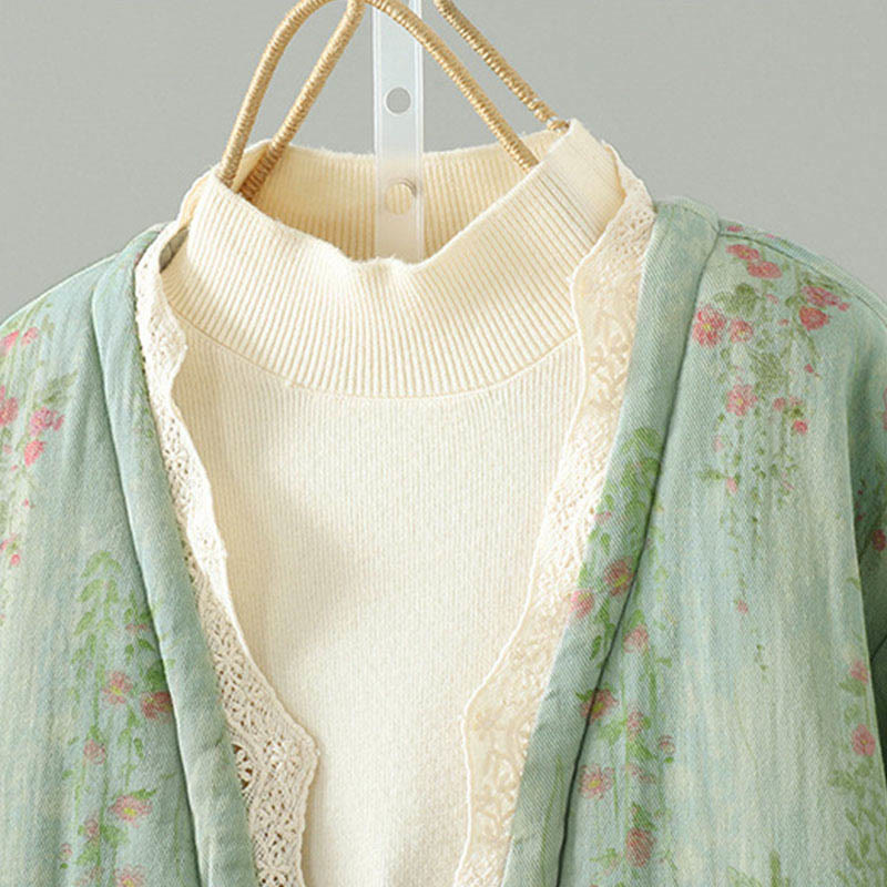 Giacca termica da donna in cotone a maniche lunghe con patchwork di pizzo invernale Buddha Stones e tasche - image 17