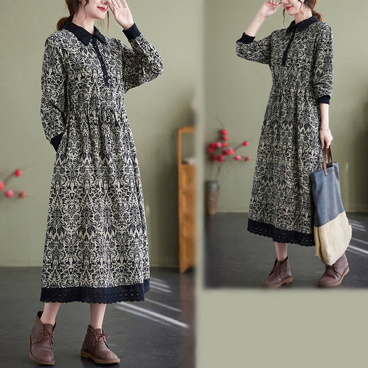 Abito midi in cotone con maniche lunghe, coulisse e tasche, con stampa etnica Buddha Stones - image 3