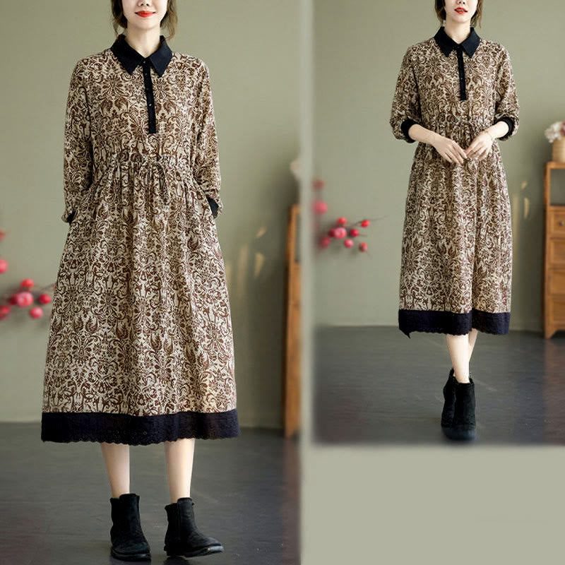Abito midi in cotone con maniche lunghe, coulisse e tasche, con stampa etnica Buddha Stones - image 23