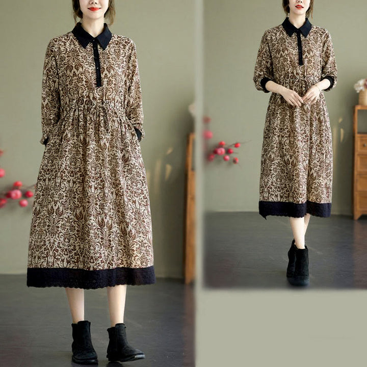 Abito midi in cotone con maniche lunghe, coulisse e tasche, con stampa etnica Buddha Stones - image 23