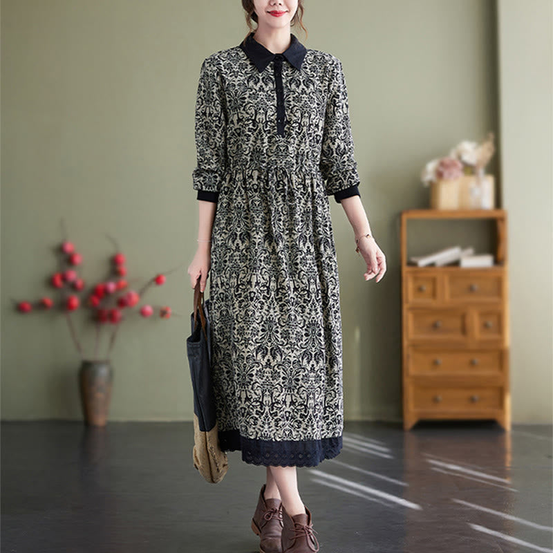 Abito midi in cotone con maniche lunghe, coulisse e tasche, con stampa etnica Buddha Stones - image 1