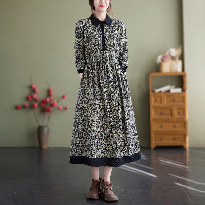 Abito midi in cotone con maniche lunghe, coulisse e tasche, con stampa etnica Buddha Stones - Nero - US8-10, UK/AU12-14, EU40-42 (2XL) - image 0