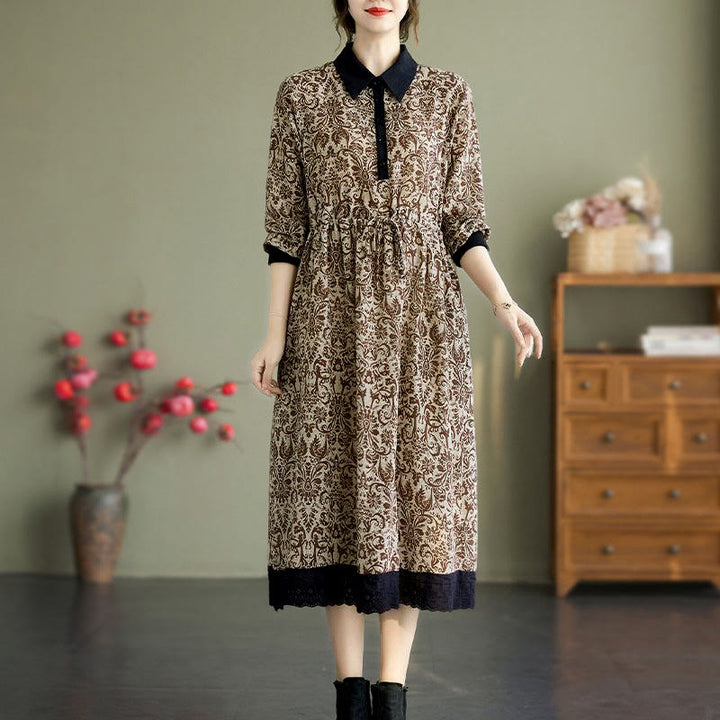 Abito midi in cotone con maniche lunghe, coulisse e tasche, con stampa etnica Buddha Stones - image 19