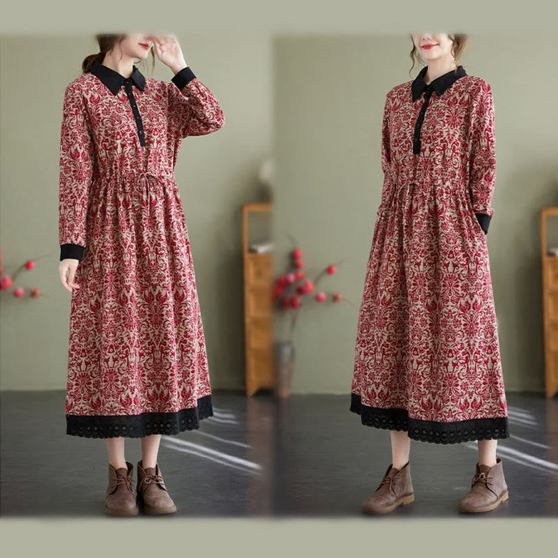 Abito midi in cotone con maniche lunghe, coulisse e tasche, con stampa etnica Buddha Stones - image 9