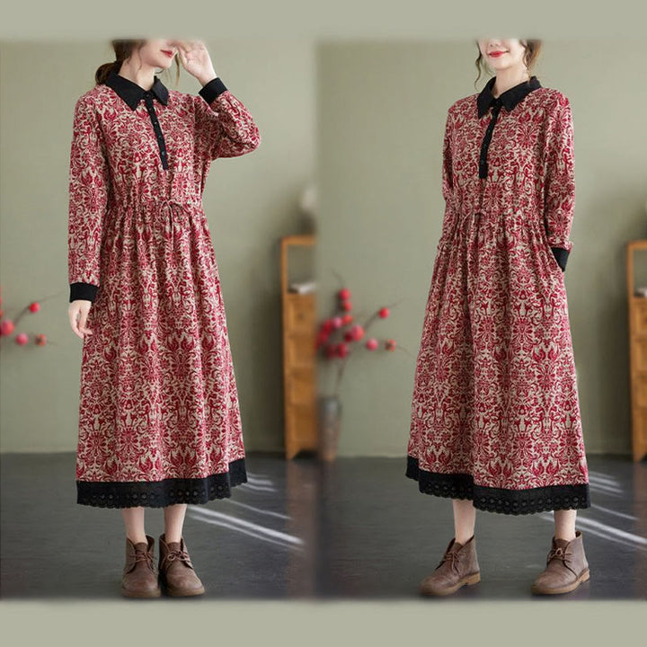 Abito midi in cotone con maniche lunghe, coulisse e tasche, con stampa etnica Buddha Stones - image 9