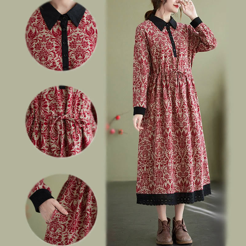 Abito midi in cotone con maniche lunghe, coulisse e tasche, con stampa etnica Buddha Stones - image 10